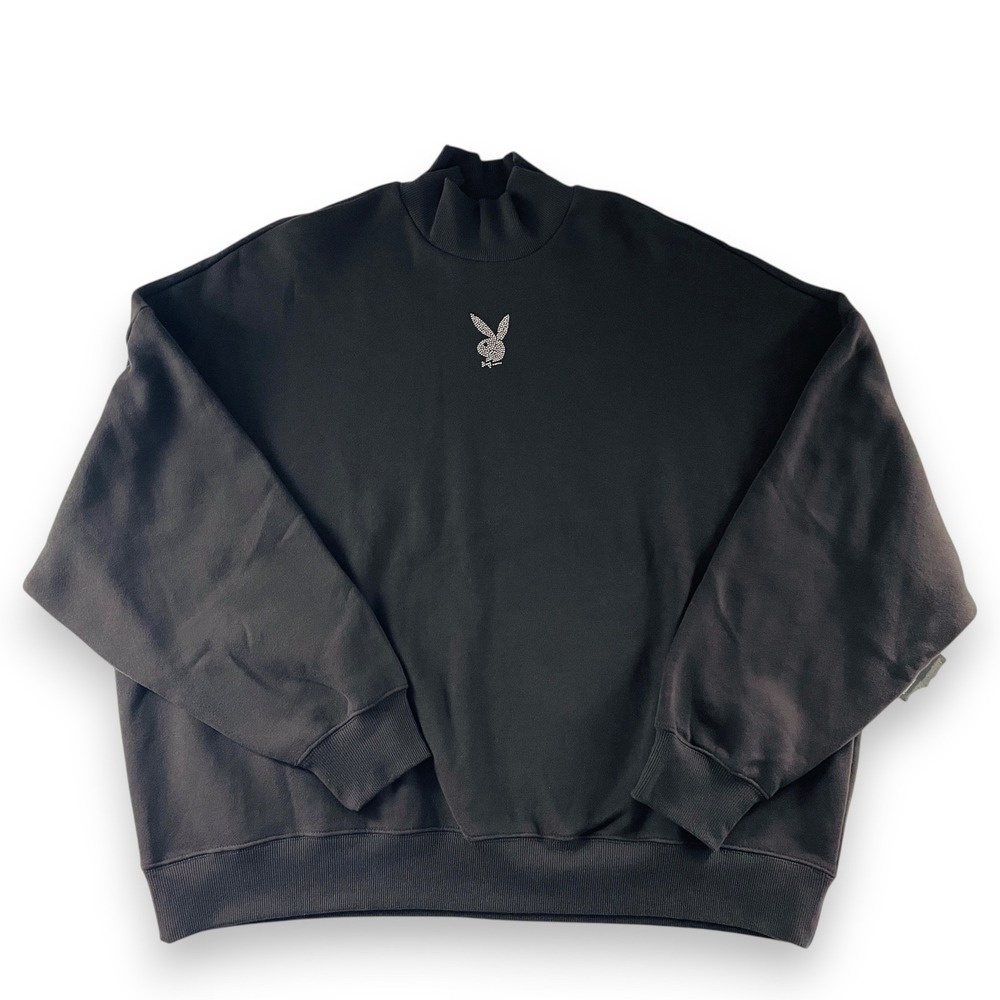 Playboy by PacSun Womens Black Rhinestone Bunny Mock Neck Oversized Sweatshirt M
